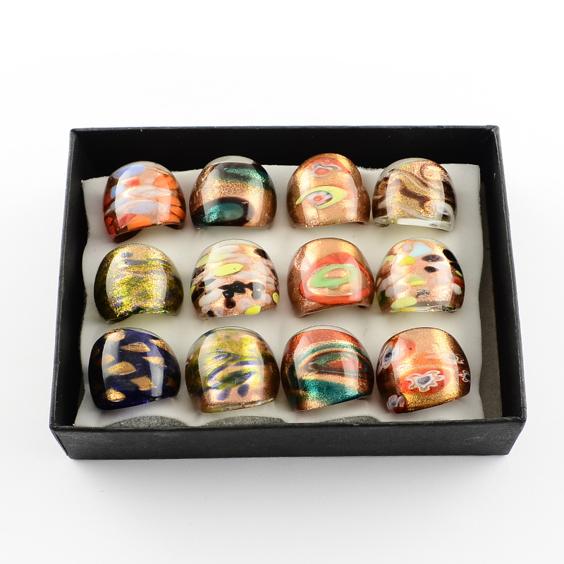 PandaHall Handmade Gold Sand Millefiori Lampwork Rings, Mixed Color, 17~19mm; about 12pcs/box Mixed Material Multicolor