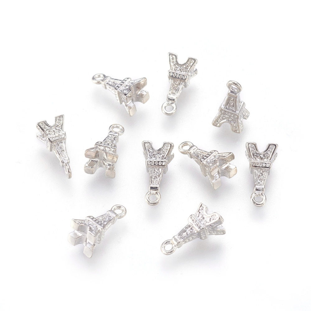 PandaHall Brass Pendants, Eiffel Tower Charms for Bracelet Making, Platinum Color, Size: about 10mm long, 5mm wide, 5mm thick, hole: 1mm...