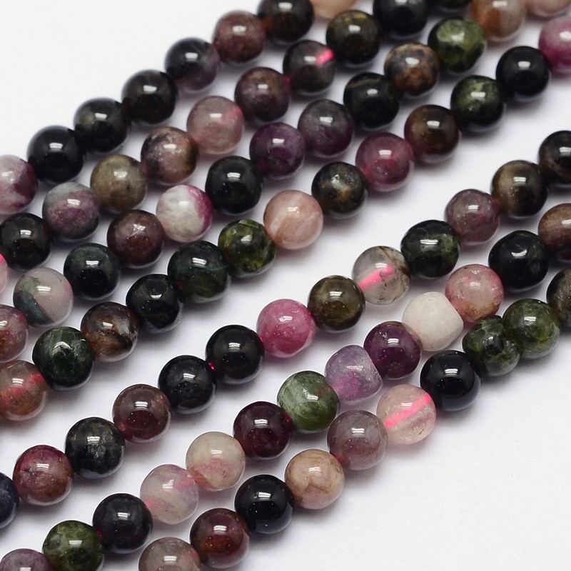 PandaHall Natural Tourmaline Round Bead Strands, 4mm, Hole: 1mm; about 98pcs/strand, 15.5" Tourmaline Round
