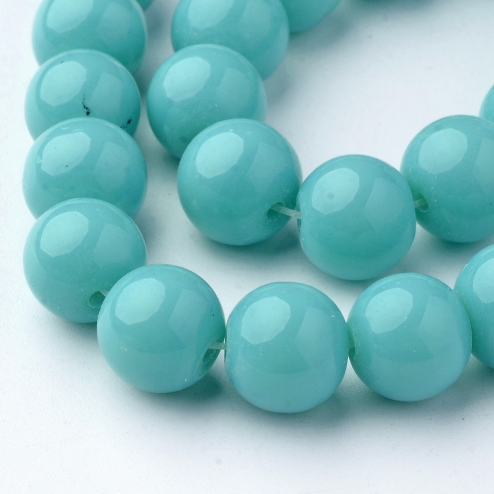 PandaHall Glass Beads Strands, Round, Dyed, Aquamarine, 10mm, Hole: 1mm; about 34pcs/strand, 12.5" Glass Round Green