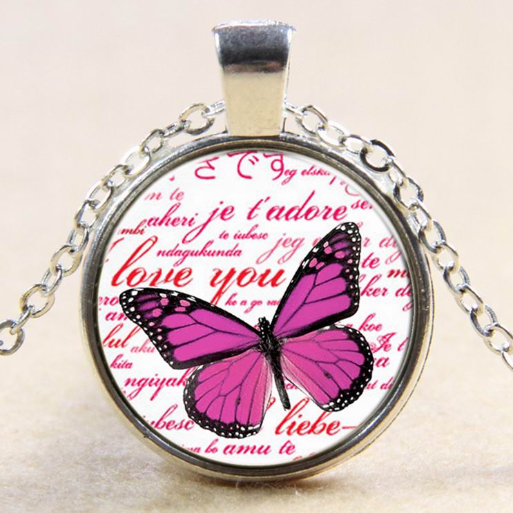 PandaHall Butterfly with Word Pattern Flat Round Glass Pendant Necklaces, with Alloy Chains, Silver, 18" Glass