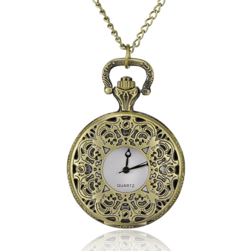 PandaHall Filigree Flat Round Alloy Quartz Pocket Watches, with Iron Chains and Lobster Claw Clasps, Antique Bronze, 31.4"; Watch Head...