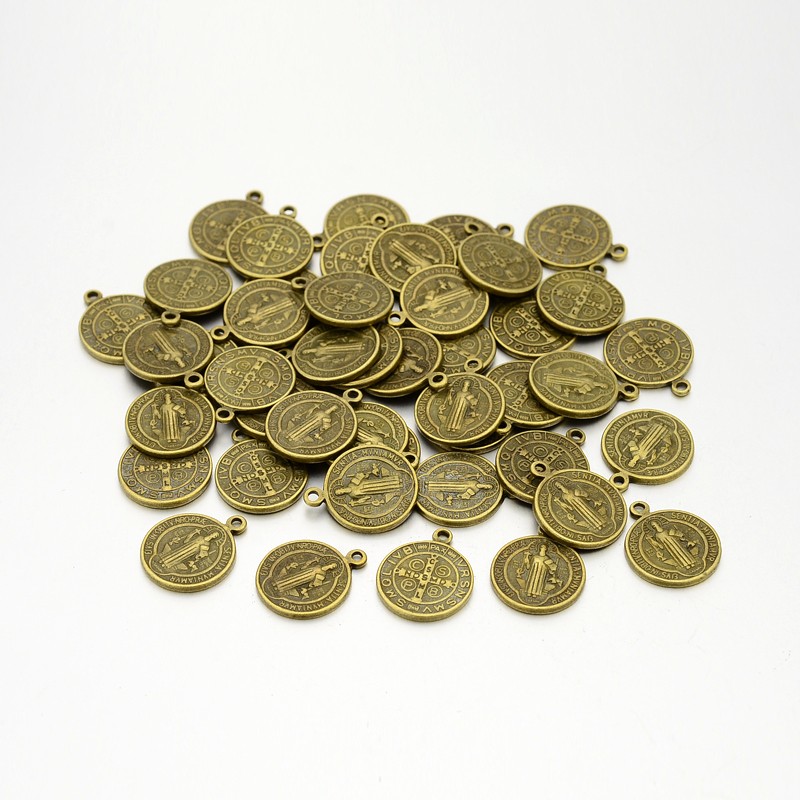 PandaHall Tibetan Style Pendants, Saint Benedict Medal, Lead Free and Cadmium Free, Flat Round, Antique Bronze Color, Size: about 21mm long...