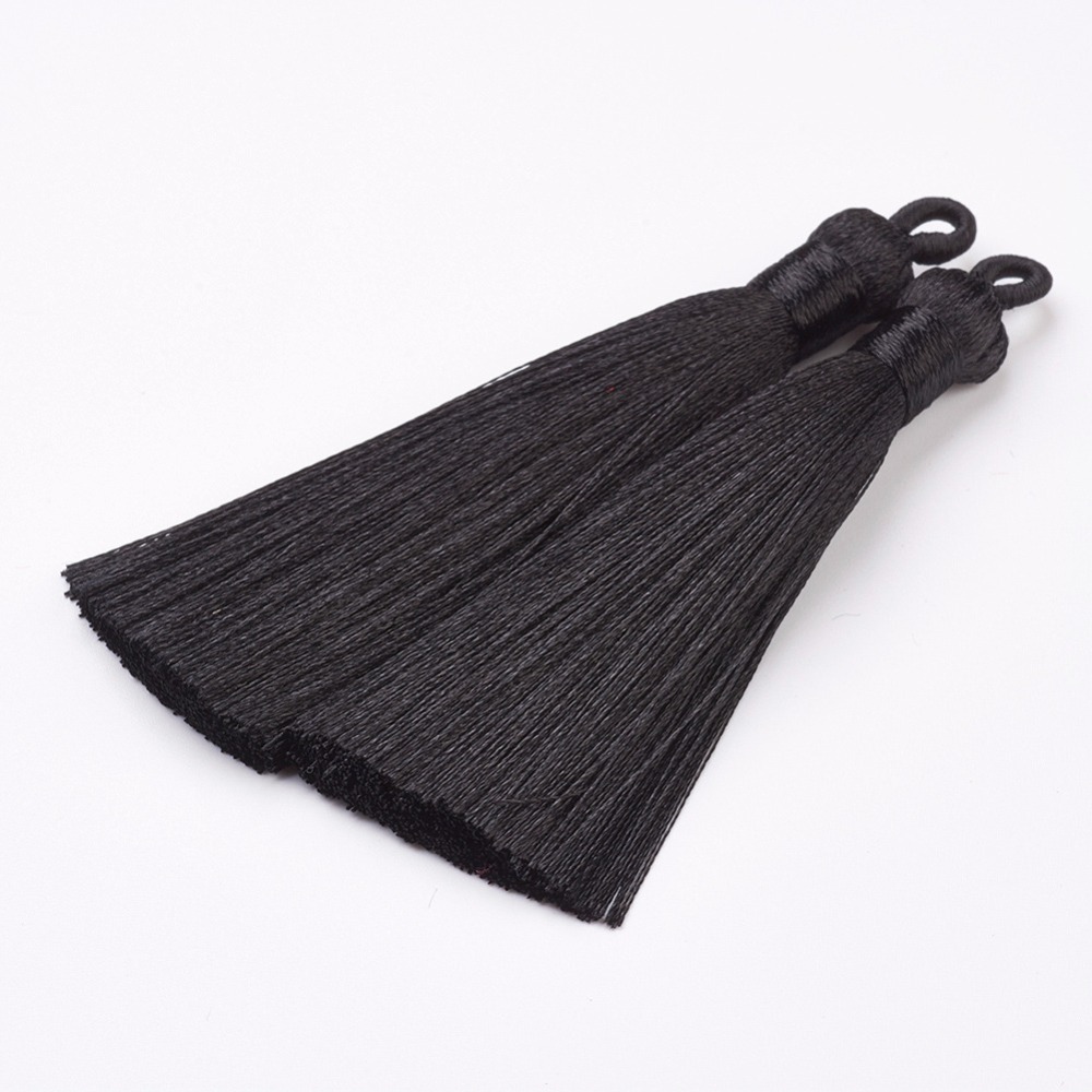 PandaHall Nylon Tassels Big Pendant Decorations, Black, 83~92x9~10mm, Hole: 1.5~4mm Nylon Black