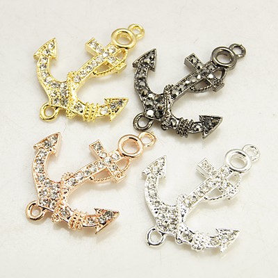 PandaHall Alloy Rhinestone Links, Grade A, Anchor, Mixed Color, 37x28x4mm, Hole: 2mm Alloy+Rhinestone