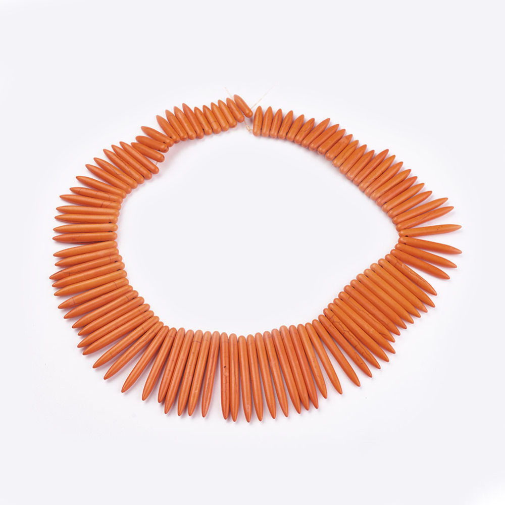 PandaHall Natural Howlite Beads Strands, Tusk Shape, Dyed, OrangeRed, 20~50x5mm, Hole: 1mm Howlite Others Red