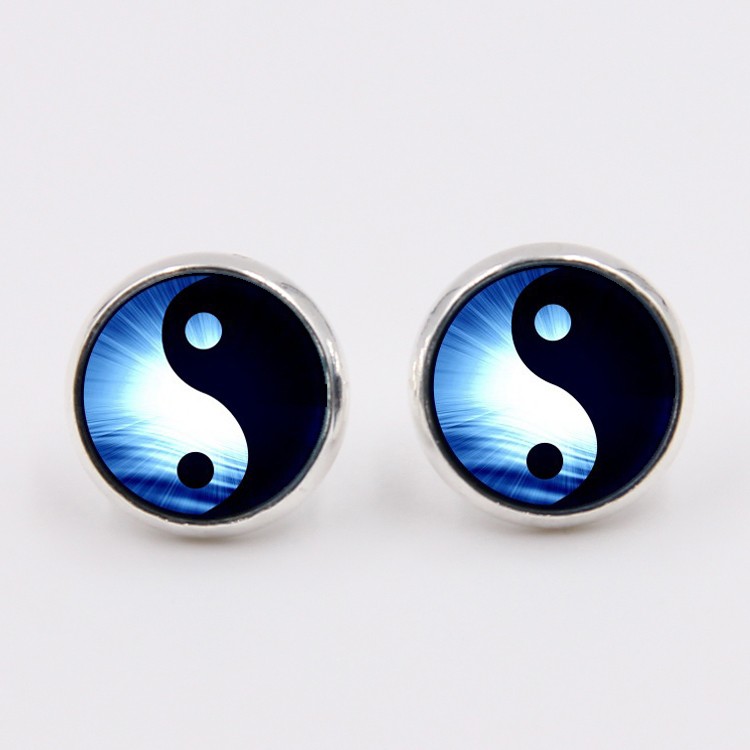 PandaHall Glass Stud Earrings, with Brass Findings, Flat Round with Yin Yang, Colorful, 14x5mm, Pin: 0.7mm Glass Silver