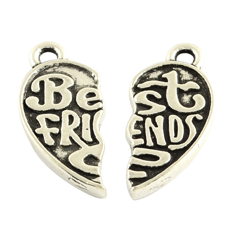 PandaHall Tibetan Style Alloy Split Pendants, Lead Free, Heart with Word Best Friend, Antique Silver, 22x10x2mm, Hole: 2mm Alloy Heart