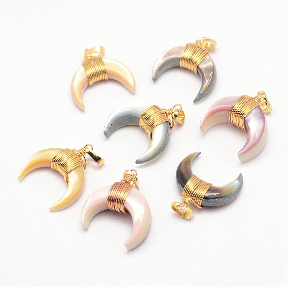 PandaHall Shell Pendants, Dyed, with Brass Finding, Double Horn/Crescent Moon, Golden, Mixed Color, 28mm, Hole: 4x6mm Shell Moon Multicolor