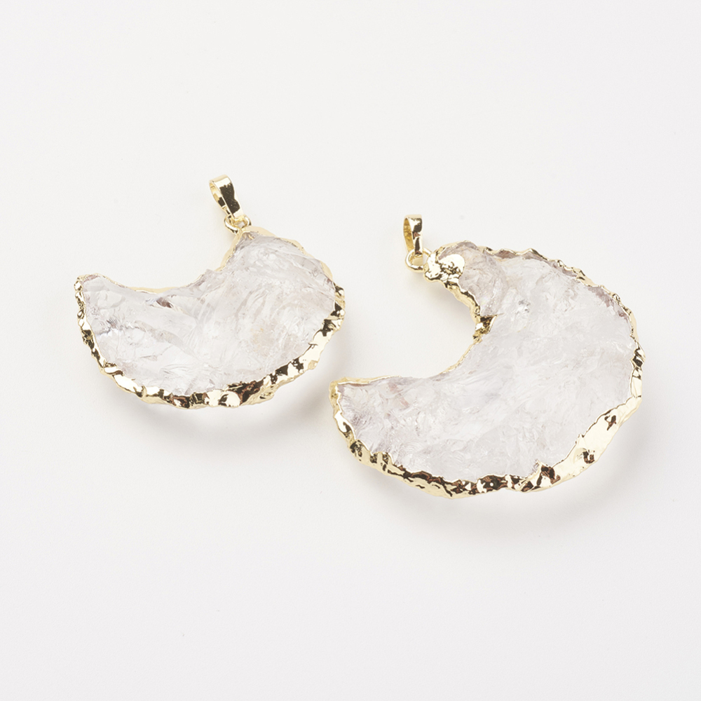 PandaHall Natural Quartz Crystal Pendants, with Brass Findings, Moon, Golden, 33~41x29~36x9~11mm, Hole: 4x6mm Quartz Crystal Moon