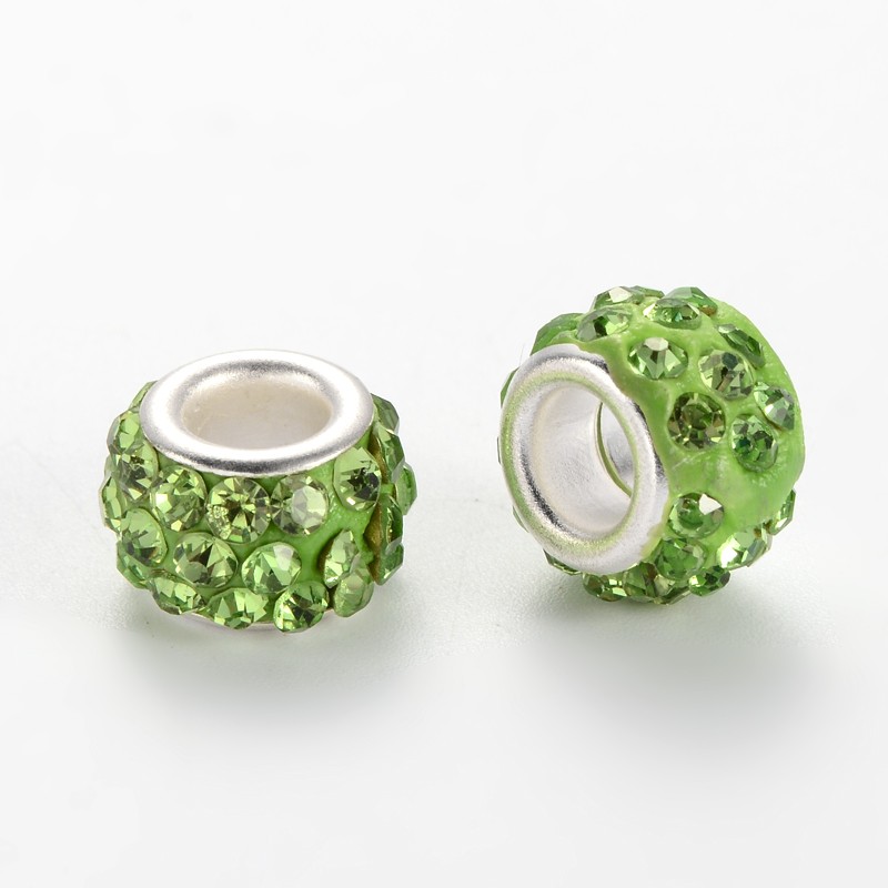 PandaHall Polymer Clay Rhinestone European Beads, Large Hole Rondelle Beads, with Platinum Plated Alloy Cores, Peridot, 10~12x7mm, Hole: 5mm...