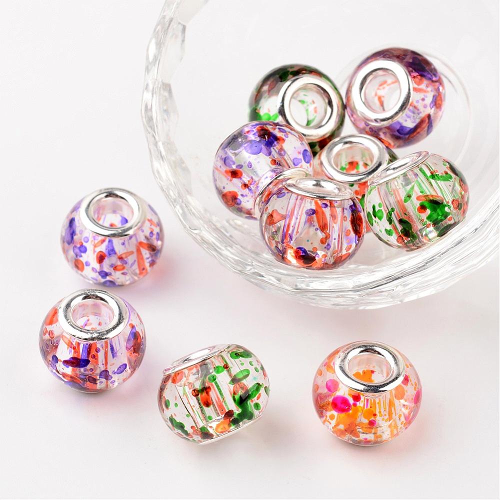 PandaHall Mixed Large Hole Rondelle Spray Painted Glass European Beads, with Silver Plated Brass Double Cores, 15x12mm, Hole: 5mm...