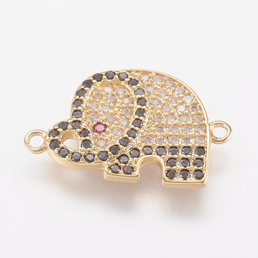 PandaHall Brass Micro Pave Cubic Zirconia Links, Elephant, Real Gold Plated, 13x20x1.5mm, Hole: 1mm Brass+Cubic Zirconia Elephant Multicolor