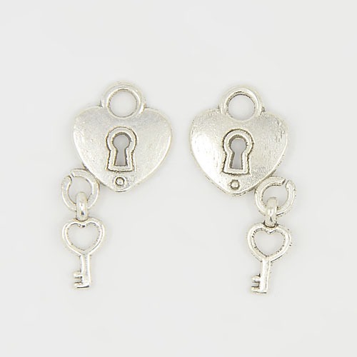 PandaHall Tibetan Style Pendant, Heart and Key, Antique Silver, Lead Free and Cadmium Free, Heart: 15mm long, 12.5mm wide, 2mm thick, hole...