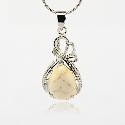 PandaHall Natural Howlite Pendants, with Brass Pendant Settings, Drop, Platinum, 36x18mm, Hole: 4x6.5mm Howlite Drop Ivory