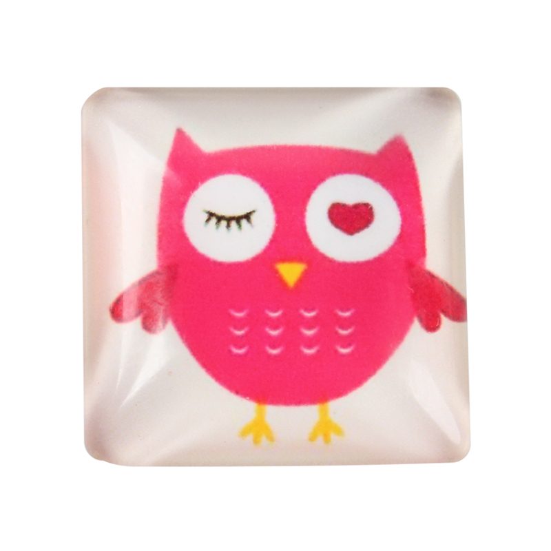 PandaHall Cartoon Owl Pattern Printed Glass Square Cabochons, Pink, 20x20x5mm Glass Square Pink