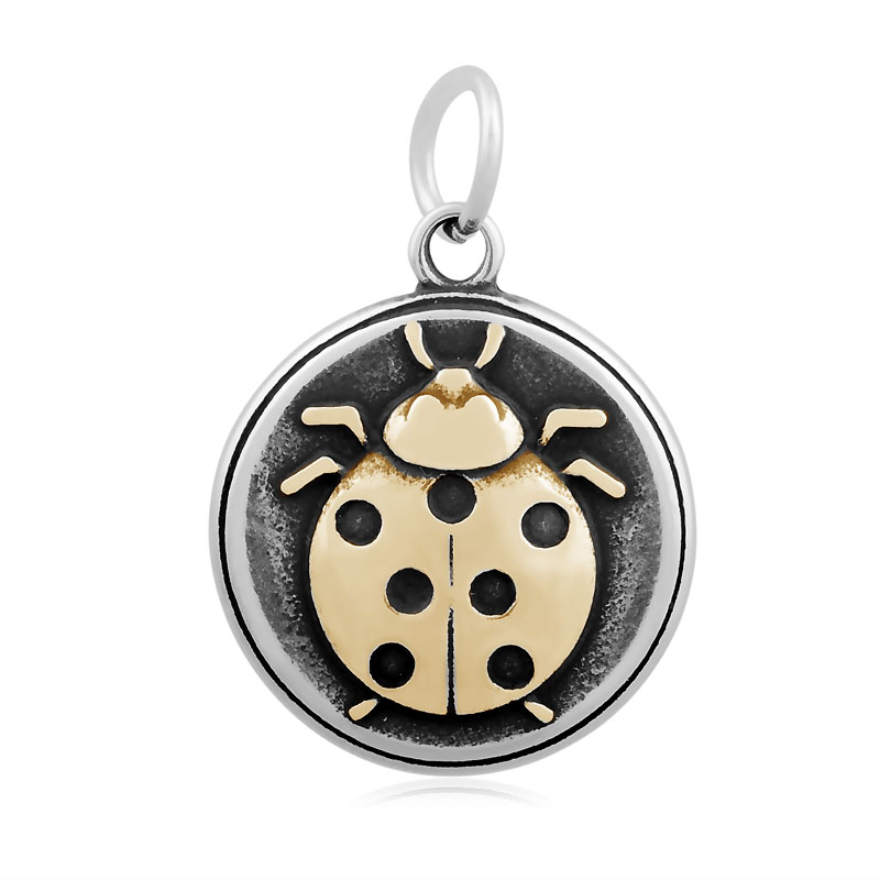 PandaHall Flat Round with Ladybird 316 Stainless Steel Pendants, Antique Silver & Golden, 23x19x4mm, Hole: 5mm Stainless Steel Flat Round