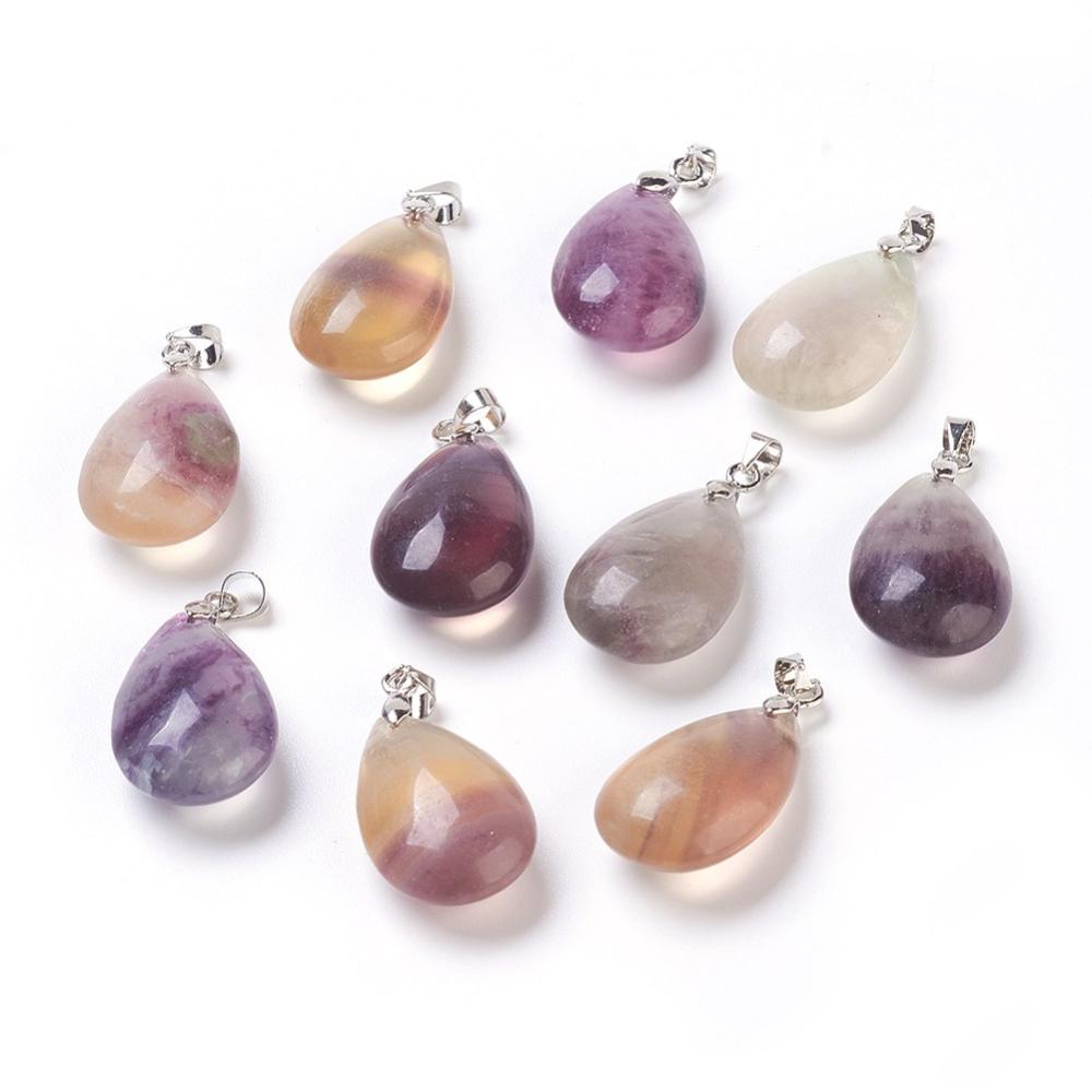 PandaHall Natural Fluorite Pendants, with Alloy Findings, Drop, Platinum, 23~24x14x8mm, Hole: 4x5mm Fluorite Drop