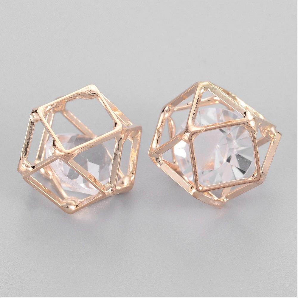 PandaHall Brass Hollow Polygon Beads, with Floating Glass Beads Inside, Golden, 13x13x17mm Brass+Glass Polygon Clear