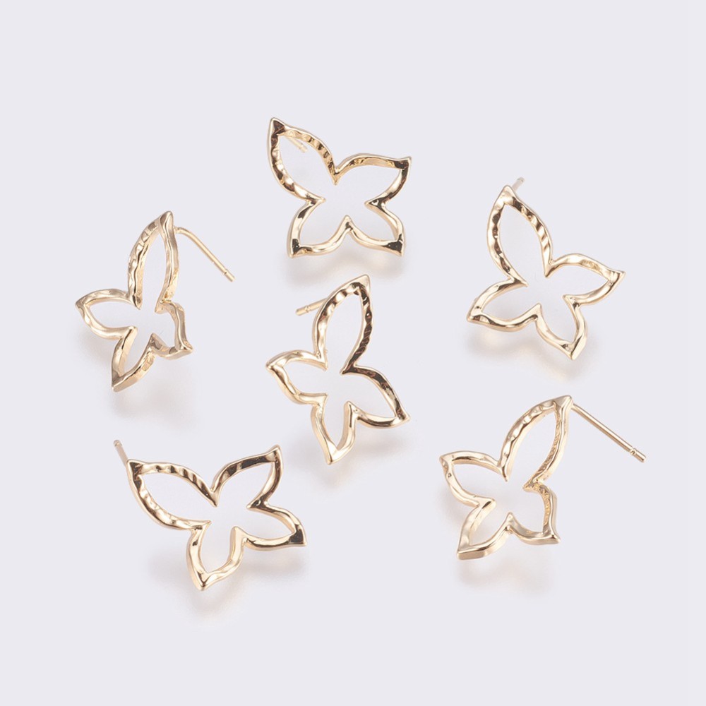 PandaHall Brass Ear Stud Findings, Long-Lasting Plated, Flower, Nickel Free, Real Gold Plated, 20.8x17.2x2.8mm; Pin: 0.8mm Brass