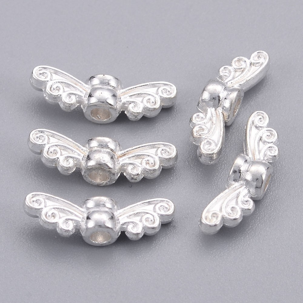 PandaHall Tibetan Style Alloy Fairy Wing Beads, Lead Free & Nickel Free, Silver, 4x14x4mm, Hole: 2mm; about 2380pcs/1000g Alloy Wing Silver