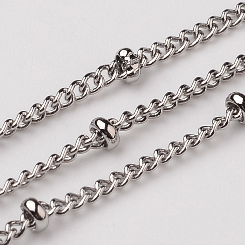 PandaHall 304 Stainless Steel Twisted Chains with Rondelle Beads, Stainless Steel Color, 2mm Stainless Steel