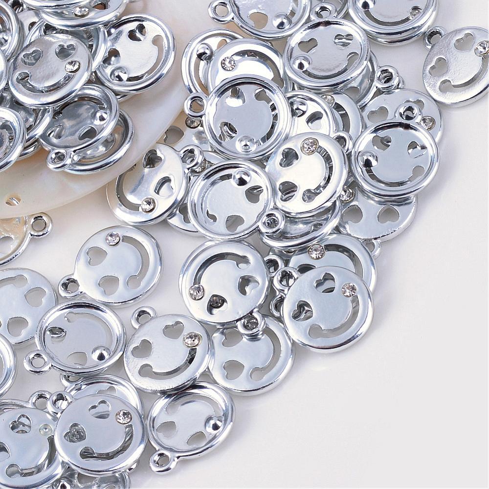 PandaHall Face Alloy Rhinestone Pendants, Platinum, 16x13x2.5mm, Hole: 2mm Alloy+Rhinestone Body Silver