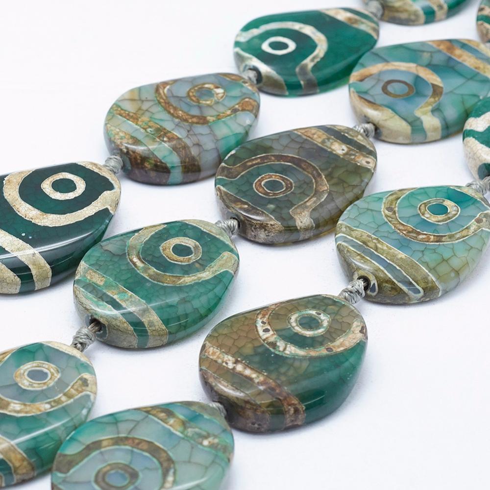 PandaHall Natural Agate Tibetan Style dZi Beads Strands, Dyed & Heated, Oval, Green, 38~40x28~30x6~8mm, Hole: 3mm, about 8pcs/strand, 14.5"...