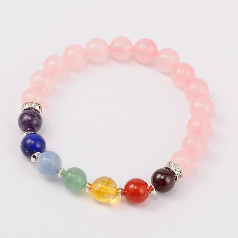 PandaHall Natural Rose Quartz Stretch Chakra Bracelets, with Brass Findings, Silver, 55mm Rose Quartz Silver