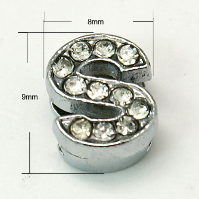 PandaHall Alloy Letter Slide Charms, with Grade A Rhinestone, Platinum Color, Crystal, 9x3~9x4~5mm, Hole: 5~6x1mm Alloy+Rhinestone Clear
