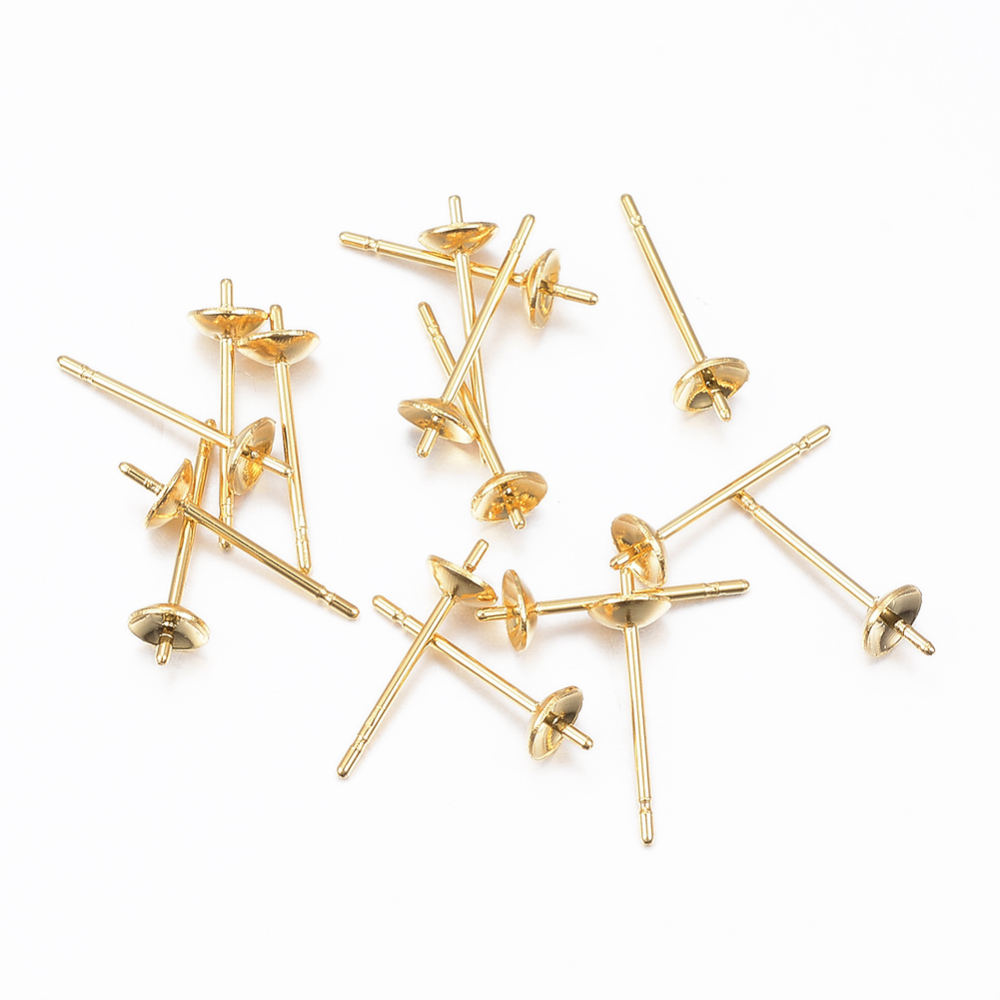 PandaHall 304 Stainless Steel Post Stud Earring Settings For Half Drilled Bead, Golden, 13.5x4mm, Tray: 3.5mm, Pin: 0.8mm Stainless Steel
