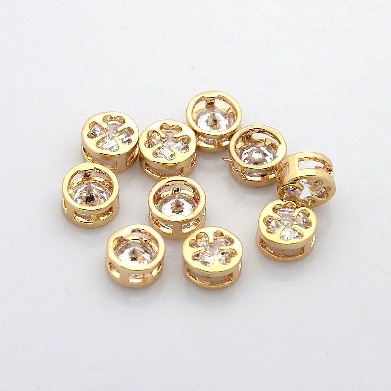 PandaHall Real Gold Plated Brass Rhinestone Beads, Flat Round with Clover Pattern, Crystal, 8x4mm, Hole: 2x6mm Brass+Rhinestone Flat Round