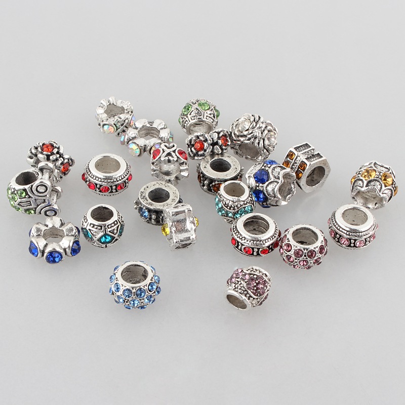 PandaHall Mixed Style Antique Silver Zinc Alloy Rhinestone Large Hole Beads, 6~12x10~12x6~10mm, Hole: 5~6mm Alloy+Rhinestone Others
