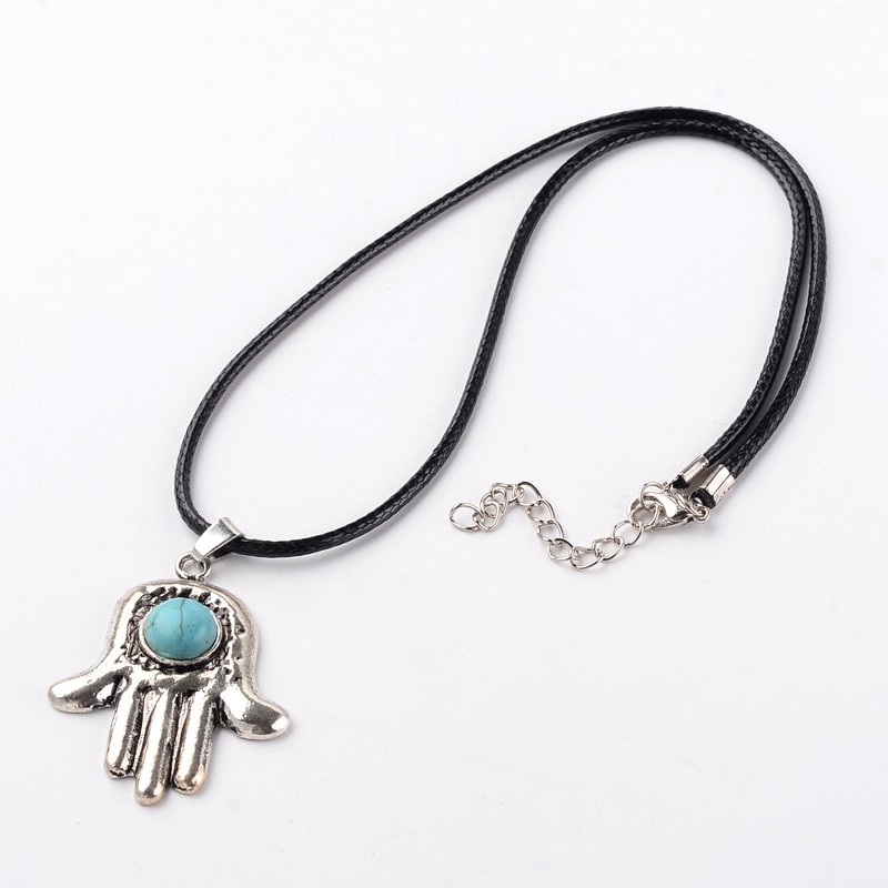 PandaHall Hamsa Hand/Hand of Fatima/Hand of Miriam Antique Silver Tone Alloy Synthetic Turquoise Pendant Necklaces, with Waxed Cord & Iron...