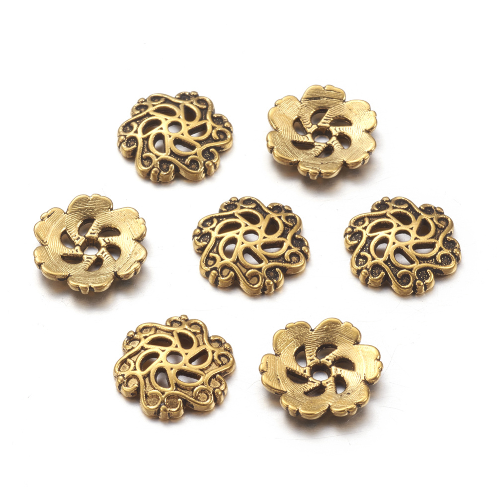 PandaHall Tibetan Silver Bead Caps, Lead Free & Nickel Free & Cadmium Free, Antique Golden Color, about 13mm in diameter, 2.5mm thick, hole...