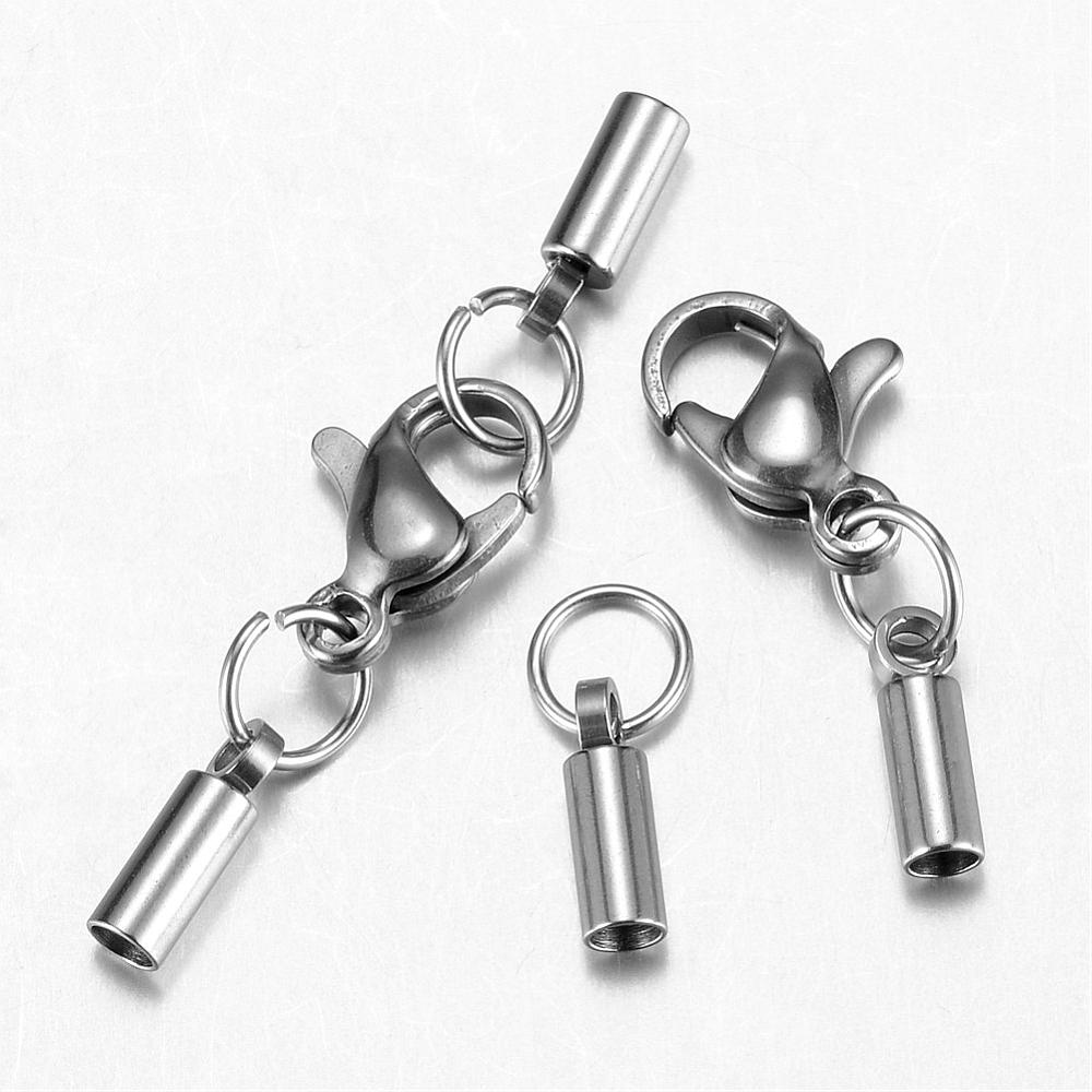 PandaHall 304 Stainless Steel Lobster Claw Clasps, with Cord Ends, Stainless Steel Color, 31mm Stainless Steel Column