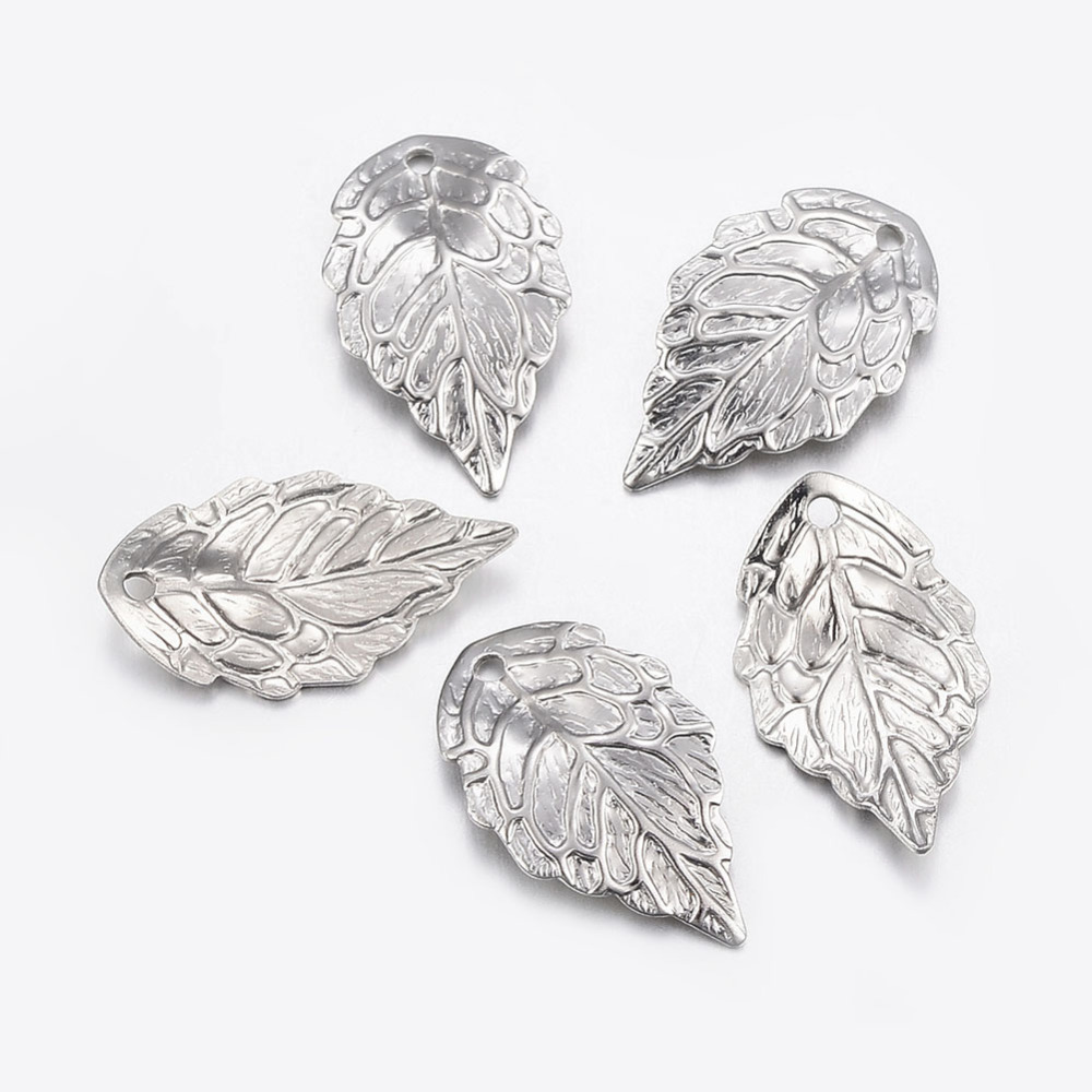 PandaHall 304 Stainless Steel Pendants, Leaf, Stainless Steel Color, 17.5x10x0.5mm, Hole: 1mm Stainless Steel Leaf