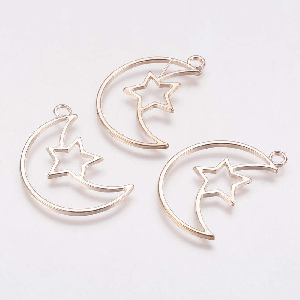 PandaHall Alloy Open Back Bezel Pendants, For DIY Resin, Pressed Flower Jewelry, Moon & Star, Rose Gold, 35x23x1.5mm, Hole: 3mm Alloy Moon