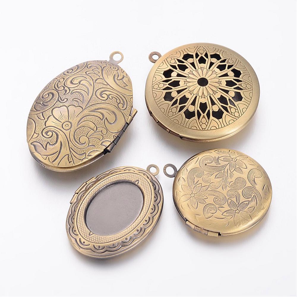 PandaHall Antique Bronze Plated Brass Locket Pendants, Mixed Shapes, 29~40x27~33mm, Hole: 2mm Brass Mixed Shapes