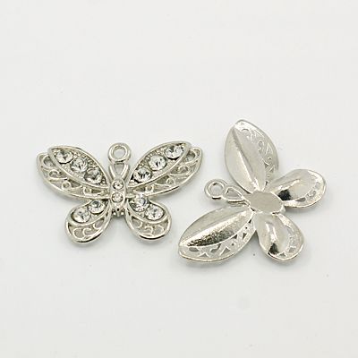 PandaHall Alloy Rhinestone Pendants, Platinum Color, Butterfly, Clear, about 32mm wide, 21mm long, 4mm thick, hole: 1.5mm Alloy+Rhinestone...