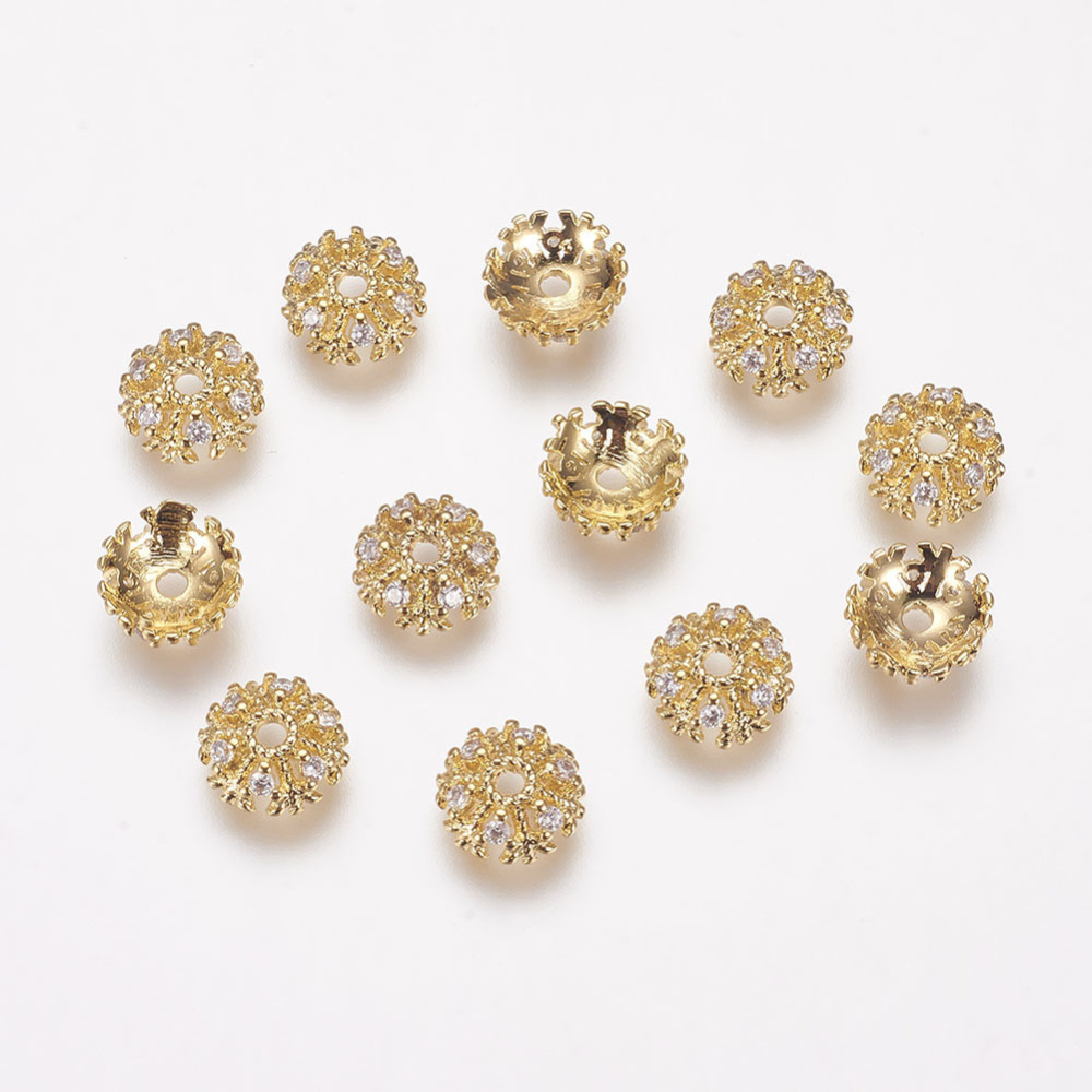 PandaHall Brass Beads Caps, with Cubic Zirconia, Flower, 6-Petal, Real Gold Plated, 7x2.5mm, Hole: 1mm Brass+Cubic Zirconia