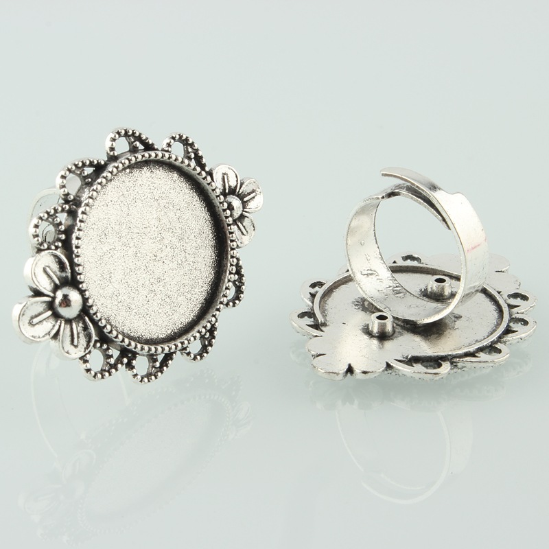 PandaHall Vintage Adjustable Iron Finger Ring Components Alloy Flower Cabochon Bezel Settings, Antique Silver, Flat Round Tray: 20mm; 17mm...