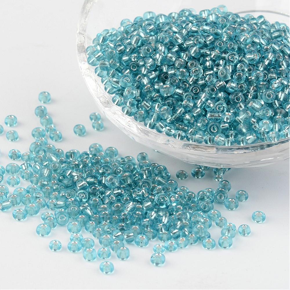 PandaHall 8/0 Glass Seed Beads, Silver Lined Round Hole, Round, PaleTurquoise, 3mm, Hole: 1mm; about 1097pcs/50g Glass Cyan