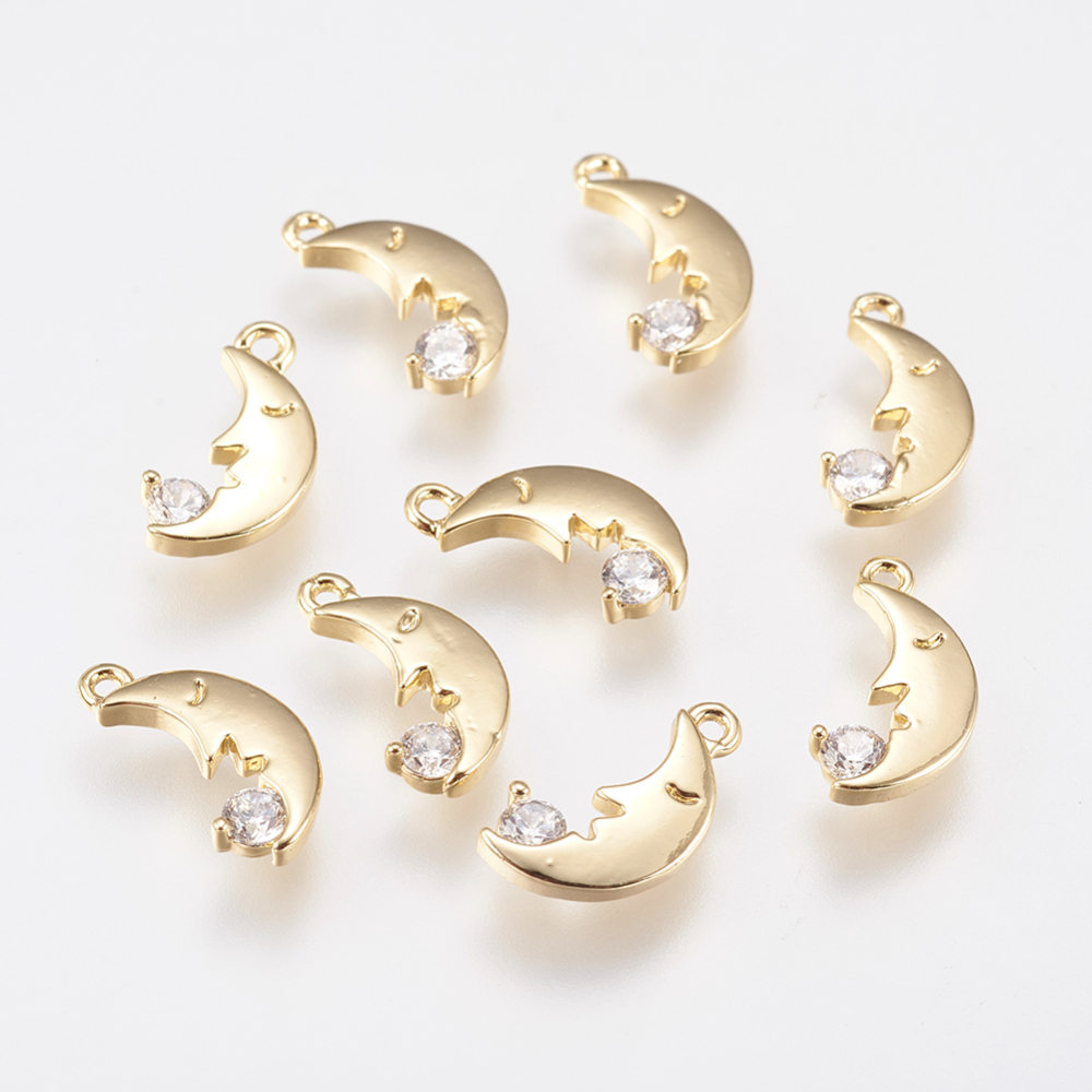 PandaHall Brass Micro Pave Cubic Zirconia Charms, Moon, Real Gold Plated, 11x5.5x1.5mm, Hole: 1mm Brass+Cubic Zirconia Moon Clear