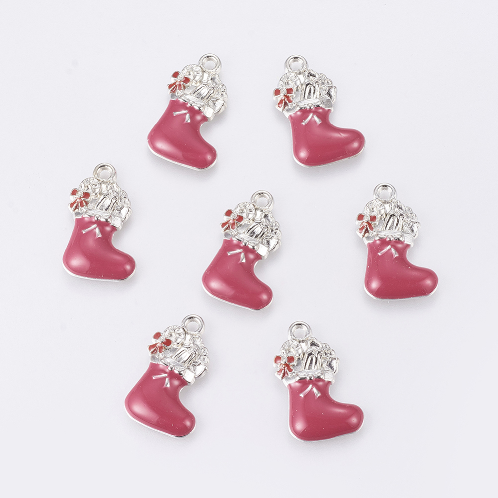 PandaHall Alloy Enamel Pendants, Christmas Socks, Platinum Color, Cerise, Size: about 23mm long, 14mm wide, 4mm thick, hole: 2mm...