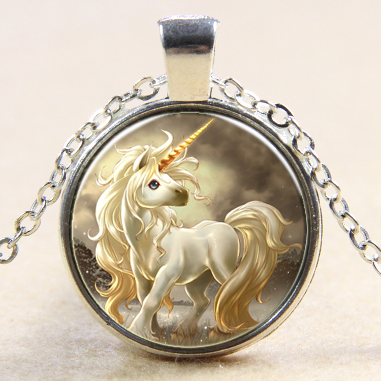 PandaHall Glass Pendant Necklaces, with Alloy Chains, Flat Round with Unicorn, Silver, 18"(45cm) Glass Silver