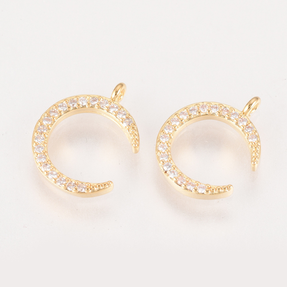 PandaHall Brass Micro Pave Cubic Zirconia Charms, Real Gold Plated, Moon, 13x10.5x2mm, Hole: 1mm Brass+Cubic Zirconia Moon Clear