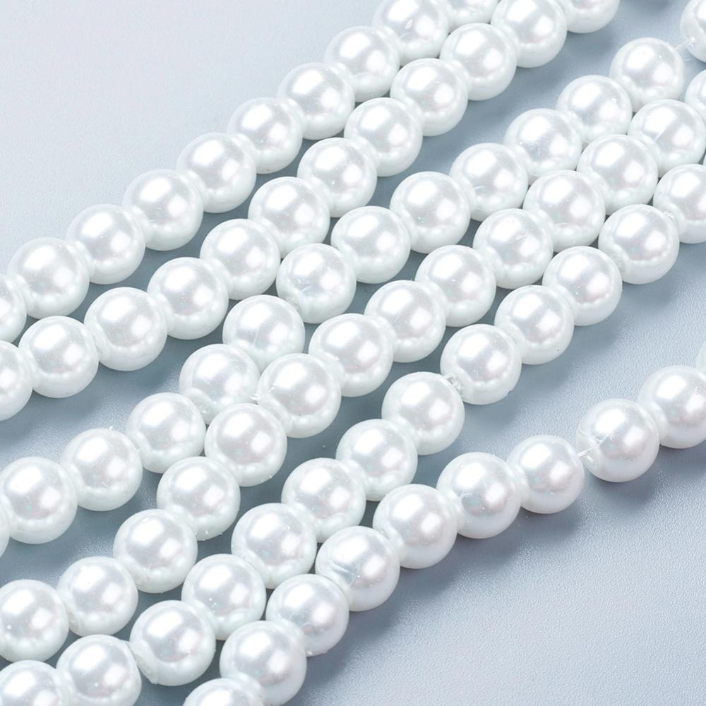 PandaHall Pearlized Glass Round Beads Strand, White, 8mm, Hole: 1mm; about 105pcs/strand, 32" Round White