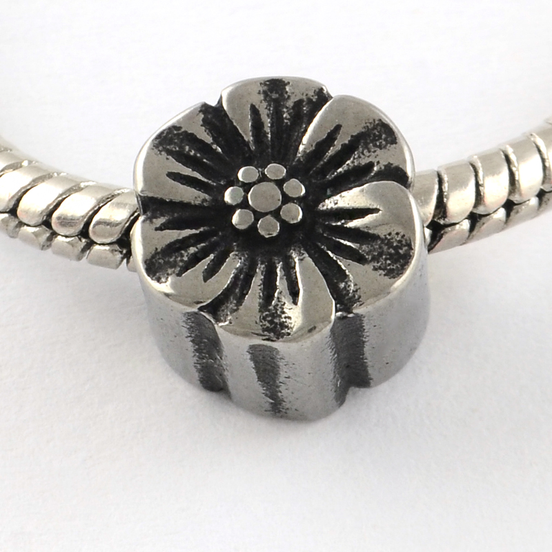 PandaHall Vintage Flower 316 Stainless Steel European Beads, Large Hole Beads, Antique Silver, 10x10x8mm, Hole: 5mm Stainless Steel Flower