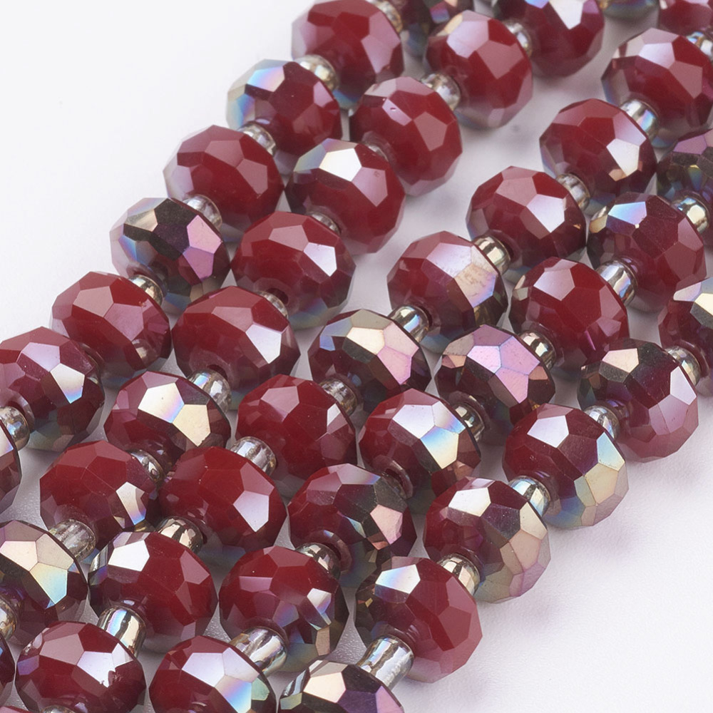 PandaHall Electroplate Opaque Glass Beads Strands, Half Rainbow Plated, Faceted, Flat Round, Red, 7.5~8mm, Hole: 1mm; about 50pcs/strand...